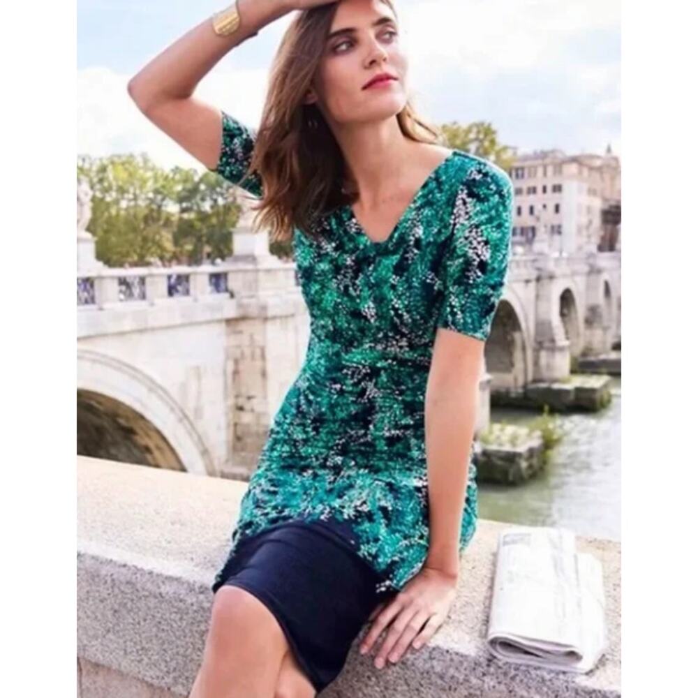 Boden Women's Green Blue Print Rita Ruched Dress Size 4 Regular